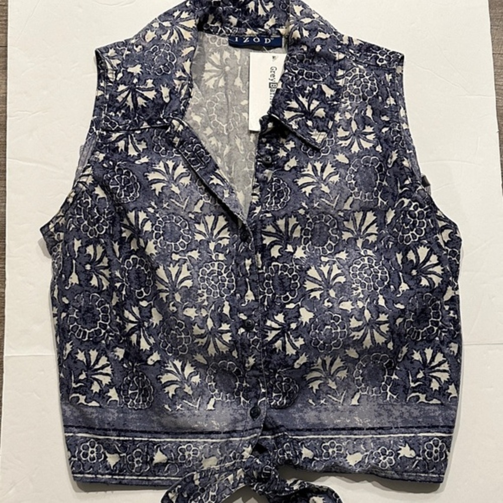 Izod  Navy Floral Tie-Front Cotton sleeveless Blouse Size 8